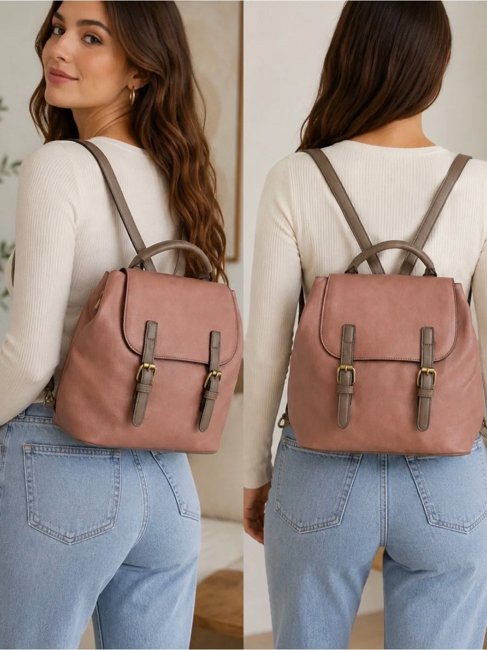 Jen&Co Dusty Rose Pink Backpack Satchel with Brown Trim